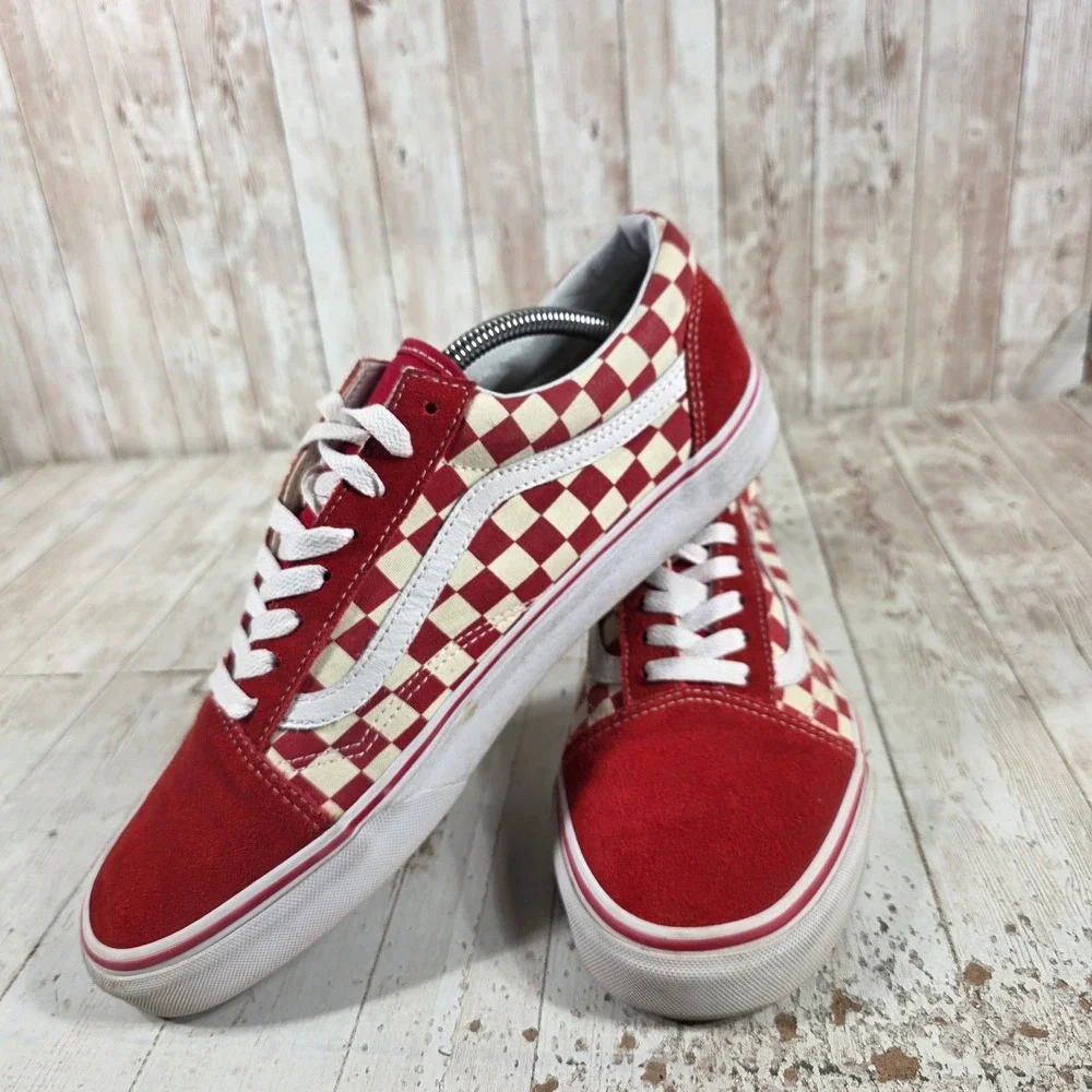 Vans Old Skool Red White Checkerboard Suede Canvas Skate Shoes Mens 11